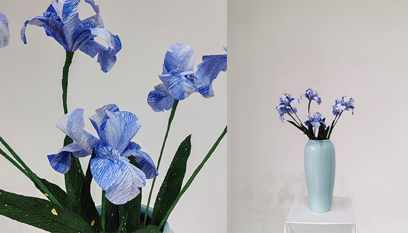 Artificial mini crepe paper blue irises Artificial mini crepe paper blue irises